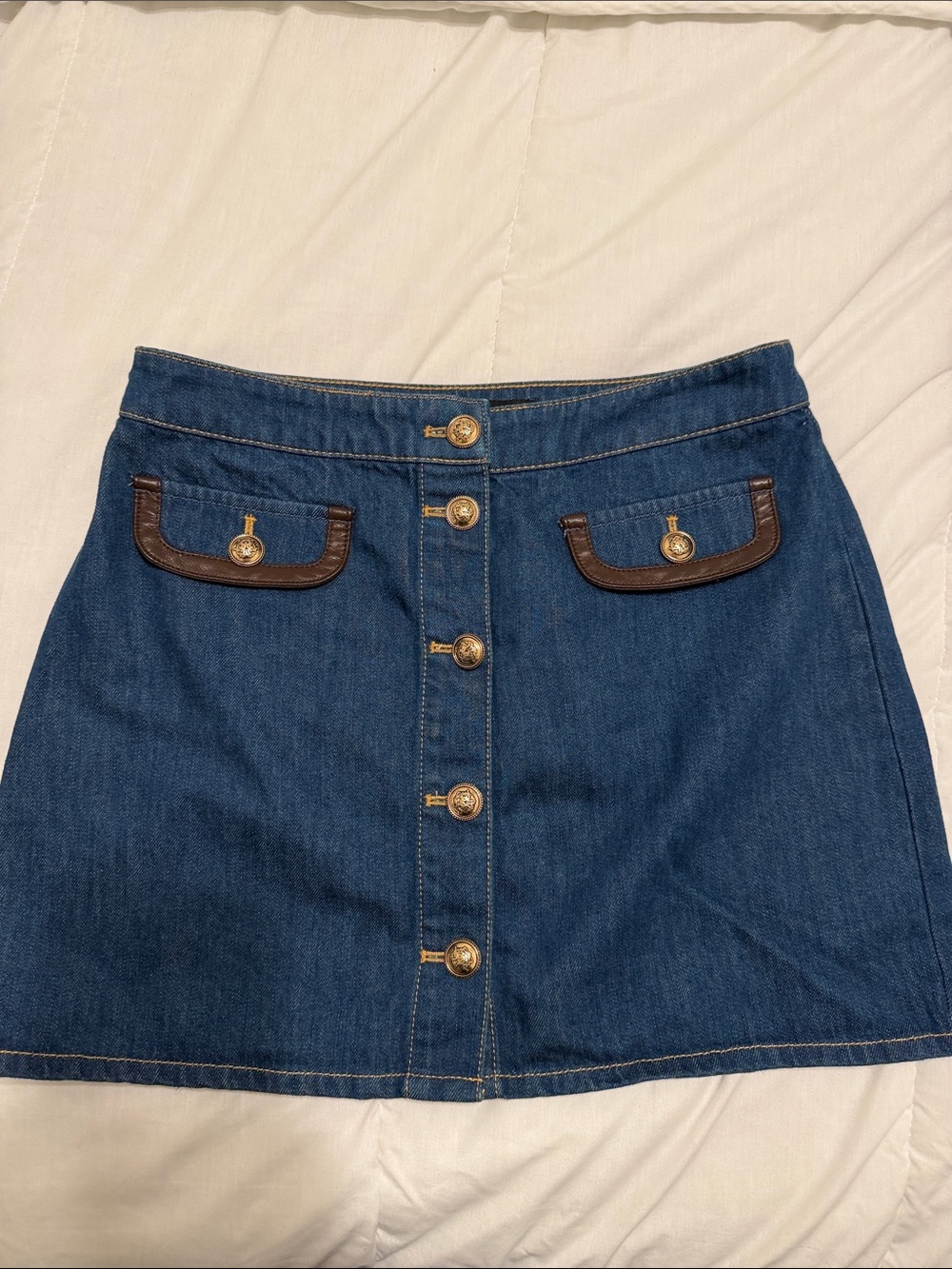 House of Harlow 1960 Blue Denim A-Line Mini Skirt with Brown Trim